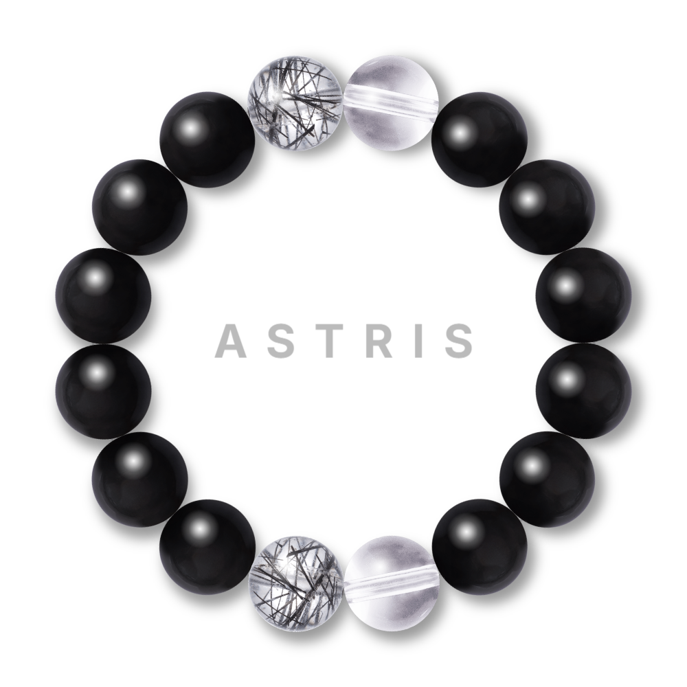 The Midnight Sentinel bracelet featuring Black Obsidian, Black Rutilated Quartz, and Clear Quartz beads - Image 1